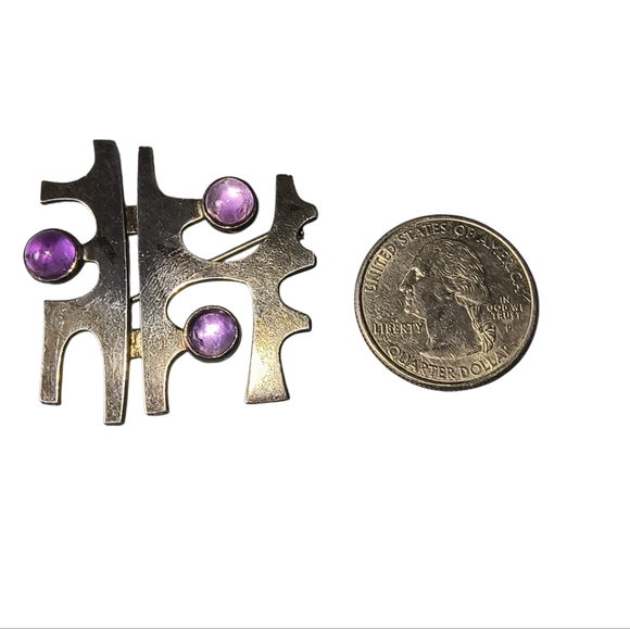 Modernist Sterling Silver Amethyst Brooch | Abstract Geometric Design | Handmade - Picture 5 of 10